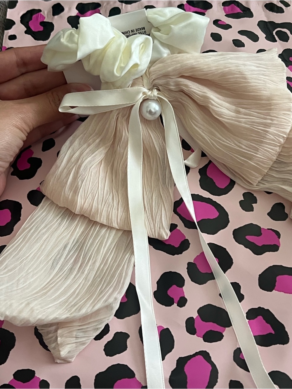 Cream Bow Scrunchie with Pearl and Satin Ties